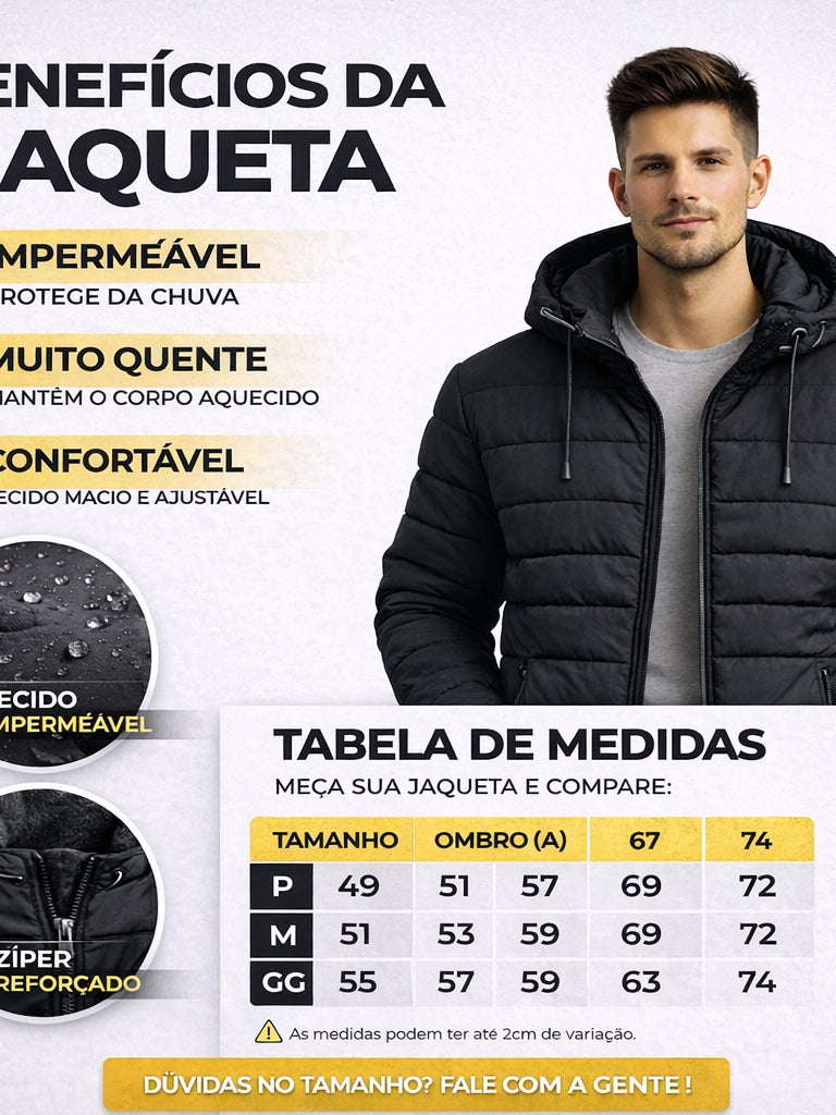 Jaqueta Puffer Bobojaco Impermeável Blusa Masculina Inverno com Capuz